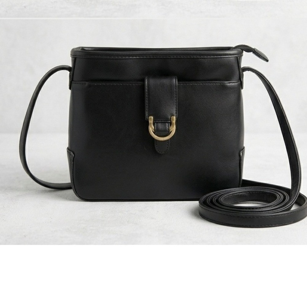 Liz Claiborne Crossbody Bag Women Small Black Good Vintage Faux Leather Buckle